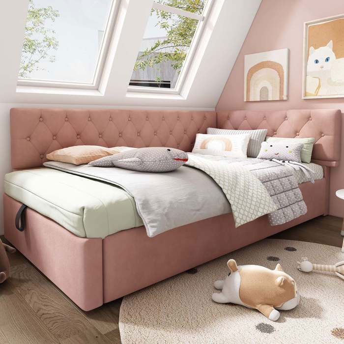 Lit banquette 90x190 cm en velours rose avec coffre hydraulique sommier à lattes inclus et tête de lit réversible