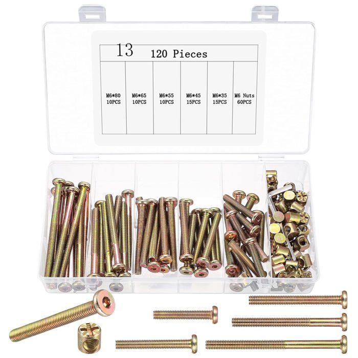 Lot de 120 vis pour meubles M6 - Vis à tête plate - Avec écrous cylindriques - Vis à tête plate - Vis à douille M6x33/45/5565/80mm