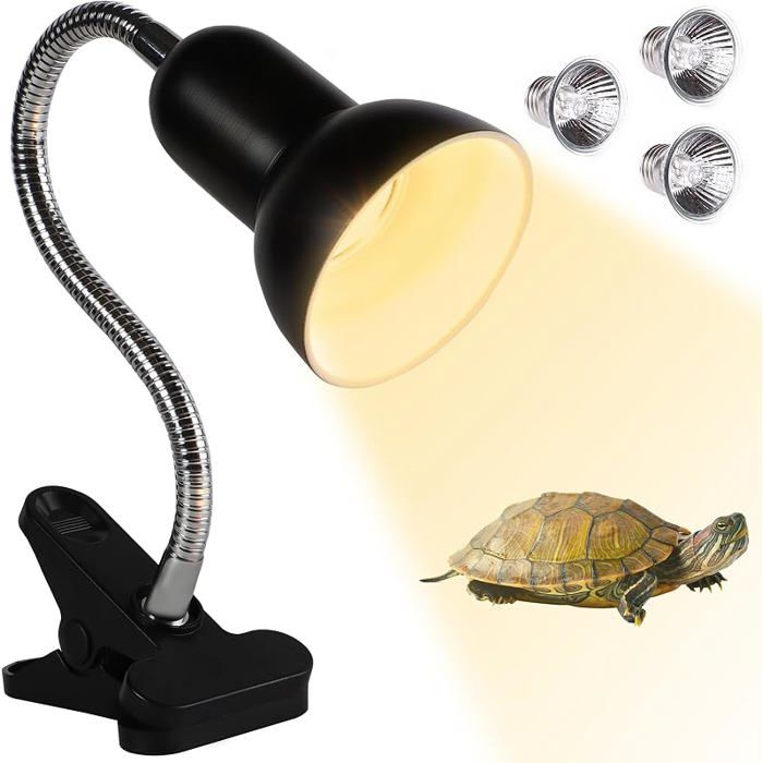 Lampe Chauffante Tortue Lampe UV Tortue Terrestre UVA UVB 2×50W et 1×25W avec Pince Pivotante 360° et Col de Cygne LAMPE CHAUFFANTE