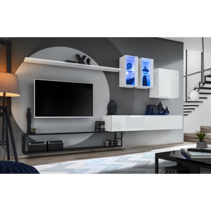 ensemble meuble tv mural switch met i - ac-déco - blanc - laqué - contemporain - design - 2 porte(s)
