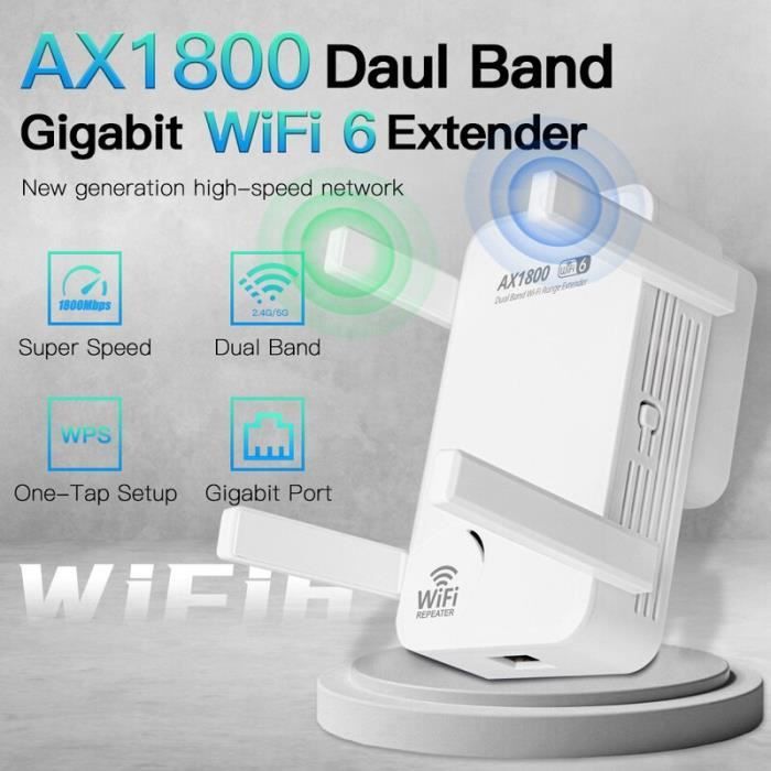 Répéteur WiFi 6 AX1800Mbps - Amplificateur De Signal Longue Portée Avec 6 Antennes - Double Bande 5G/2.4G - Port LAN - Compatible Toutes Box