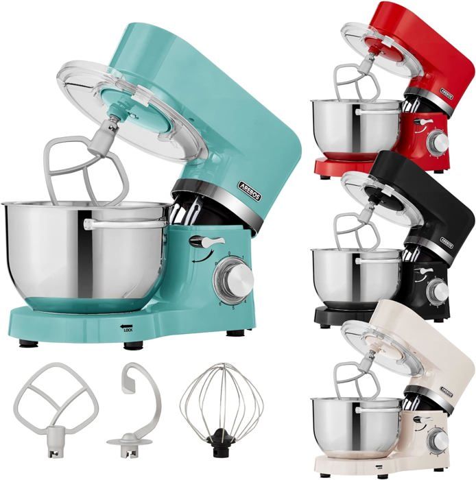 AREBOS Robot Pâtissier Professionnel 1500W  Turquoise  Robot de Cuisine Multifonction avec Fouet Batteur Crochet  6 Vitesses