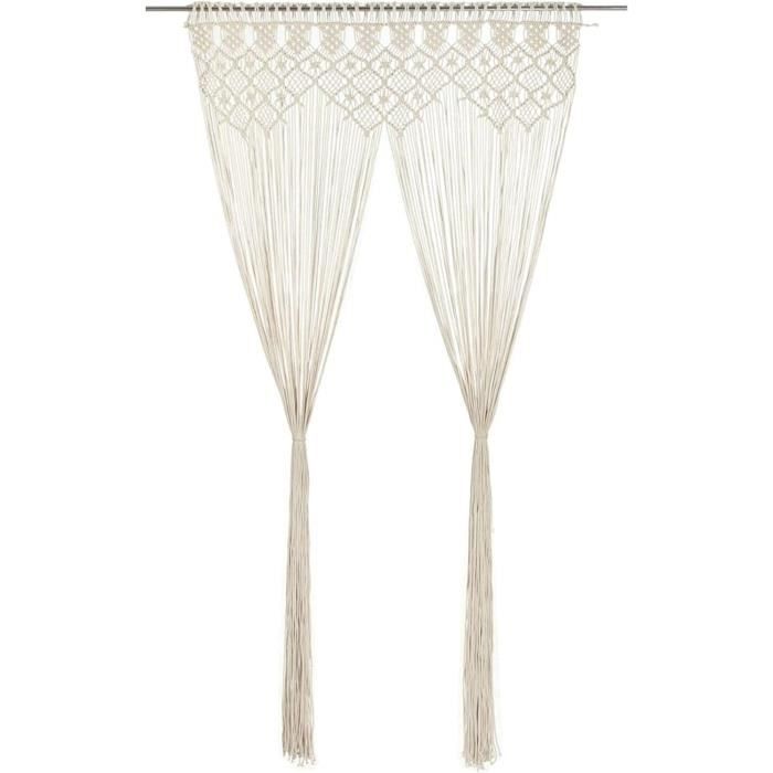 Grand Rideau De Porte En Macramé Bohème - 90x180 Cm - Corde Coton/polyester Blanc