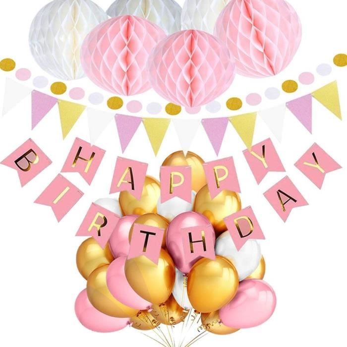 Ensemble Joyeux Anniversaire Avec Des Ballons Roses Blancs Et Or Bannire Fanions Pom Poms Dcoration Ftes D Anniversaire Cdiscount Maison