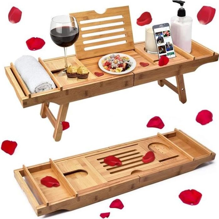 Plateau De Bain Extensible En Bambou Naturel - De 70 à 105 Cm, Idéal Pour Détente Et Rangement