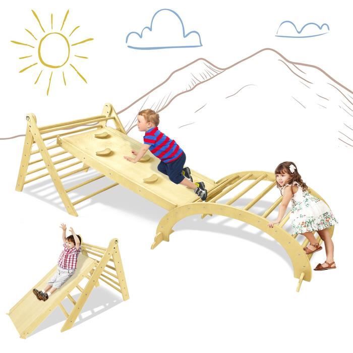 FANTASK Équerre D'escalade 3 En 1 – Triangle En Bois De Hêtre – Réglable 3 Inclinaisons – Plage Et Rampe – Dès 3 Ans