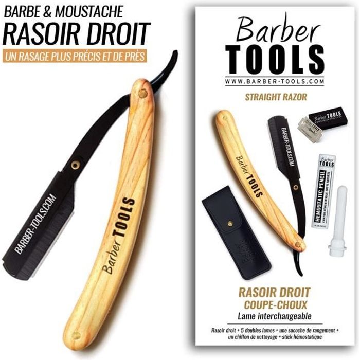 Rasoir droit coupe-choux / Rasoir de barbier lame interchangeable + 5 doubles lames (10 Lames Simples) + Stick hémostatique