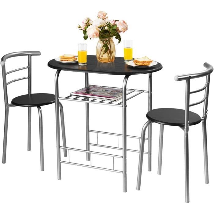 costway ensemble de table et 2 chaises de salle à manger, table de cuisine : 80 x 53 x75cm (l x l x h) cadre en métal noir+argent