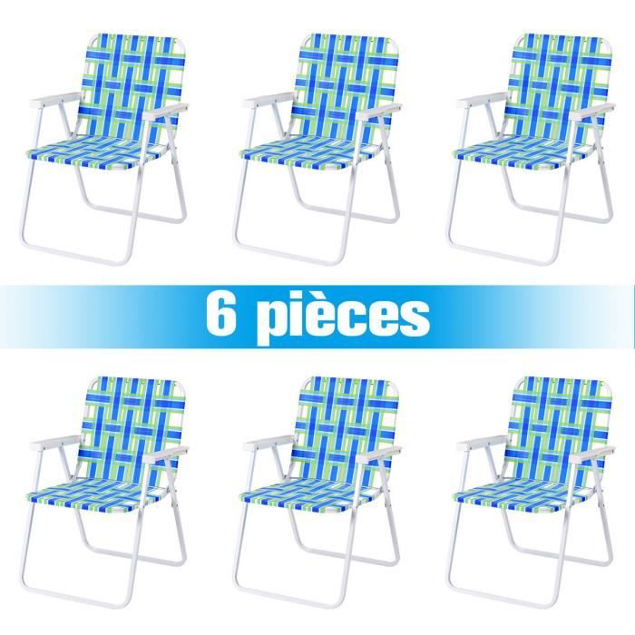 costway lot 6 chaises de plage pliantes avec accoudoirs en toile acier en forme de u supporter 120 kg pour camping /plage/parc