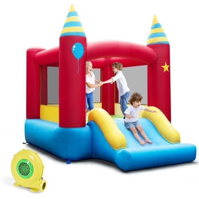 COSTWAY Château Gonflable avec Gonfleur 480 W Aire de Jeux Toboggan Tissu Oxford pour 3 Enfants 260 x 190 x 205 cm Sac de Transport