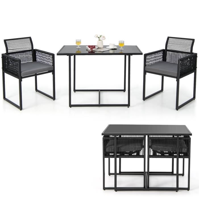 COSTWAY Salon de Jardin - 3PCS Rotin PE Anti-Soleil Dossier AMOVIBLE Pateau en Verre Trempé Cadre en Métal Style Urbain