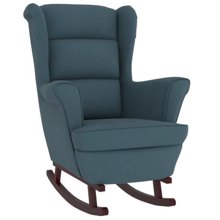 Fauteuil à bascule - DILWE - Bleu Velours - Bois dhévéa massif - Confort optimal - Design contemporain