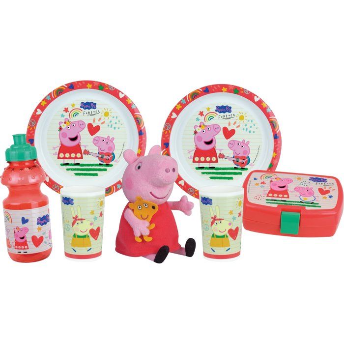 Lot vaisselle - FUN HOUSE - PEPPA PIG - 2 assiettes creuses Ø 22 cm 2 verres 220 ml gourde 350 ml boîte à goûter et peluche 17 cm