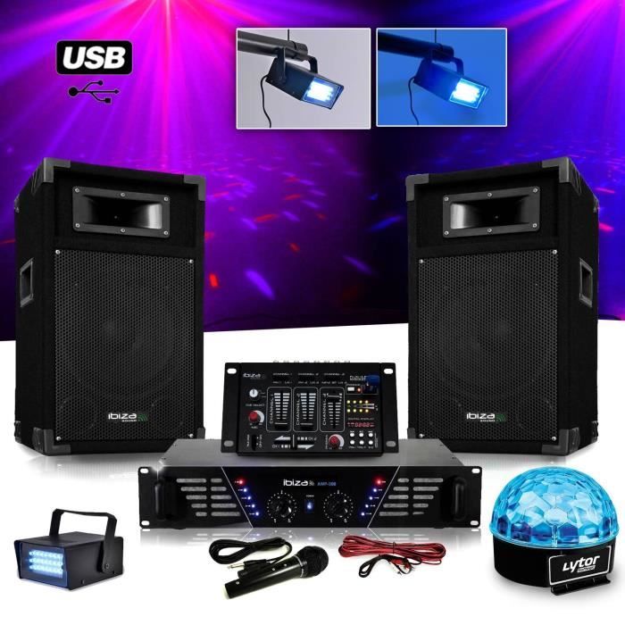 Pack Sono DJ complet ampli + enceintes 500W + Table de mixage + LIGHT SIXMAGIC LED RVB + LEDSTROBE