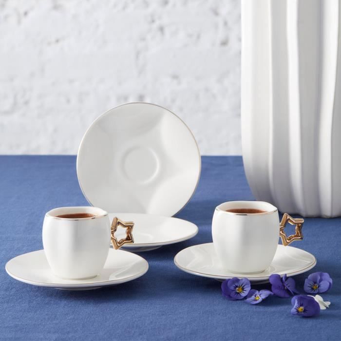 KARACA Service à Thé Rétro Anthracite 6 Personnes – Verres Et Soucoupes Élégants Plaqué Or