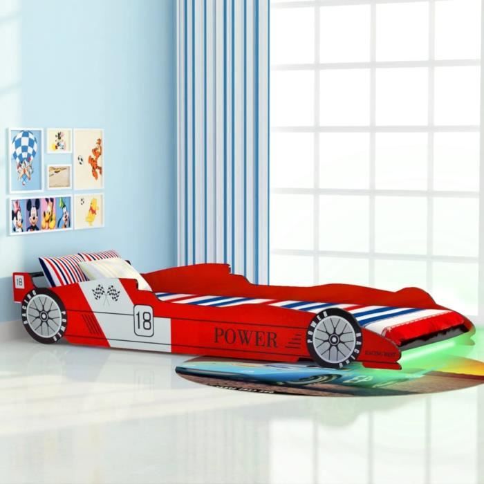 Lit voiture de course - Omabeta - Rouge - 90 x 200 cm - LED multicolore - Montage facile
