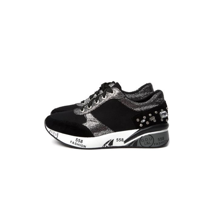 Baskets Noires Avec Bijoux Semelle Compensee Noir Cdiscount Chaussures