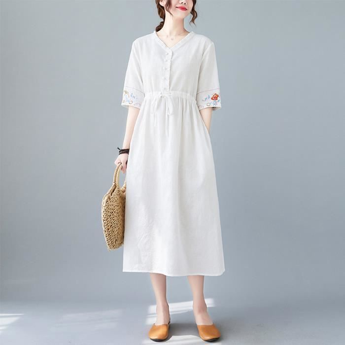 Robe en lin et coton pour femme mode avec cordon de serrage mi