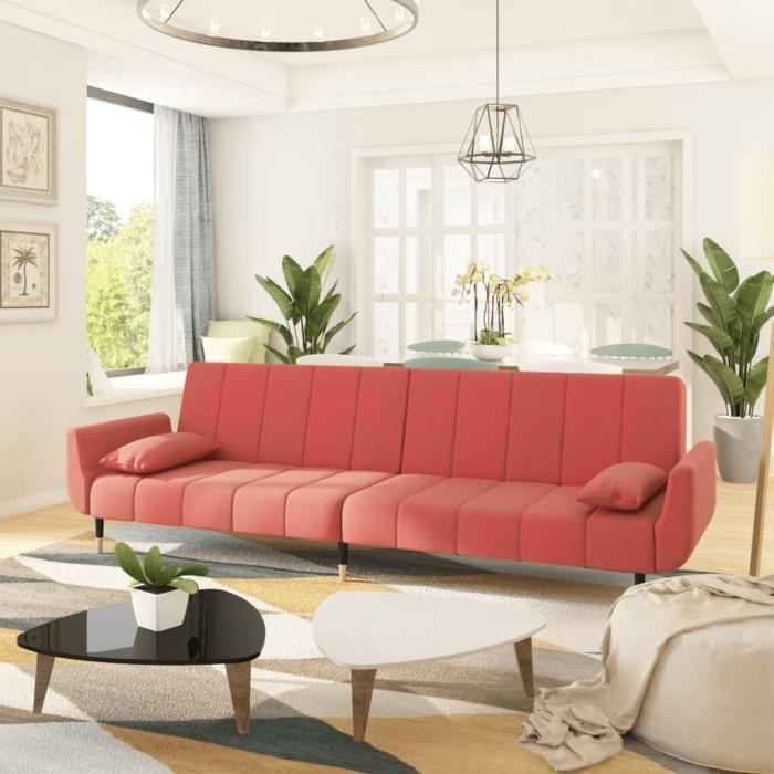 beau - canapé-lit contemporain sofa convertible - 2 places - avec deux oreillers rose velours{3520}