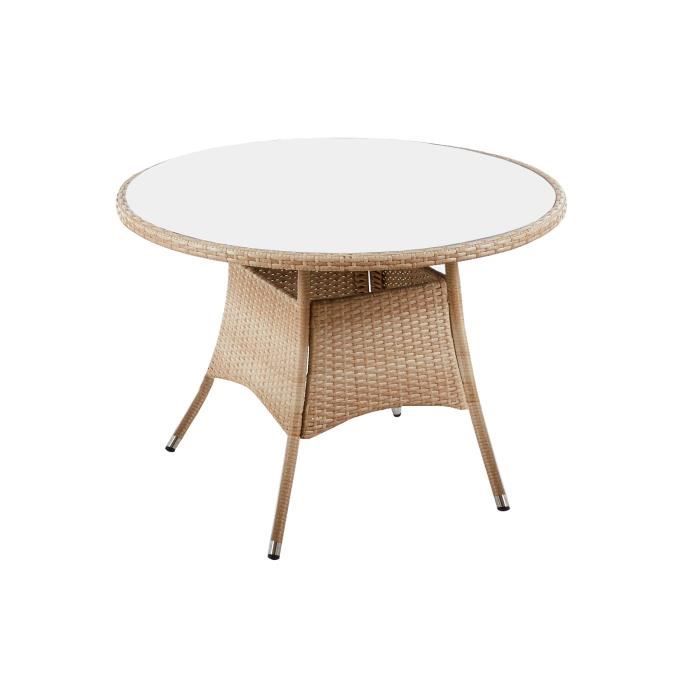 Table de jardin ronde en bois de rotin et verre trempé blanc, pieds en métal - diamètre 105 x hauteur 73 cm