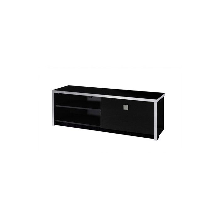 Meuble TV LYON – Design noir brillant et métal – L150 x H51 x P42 cm