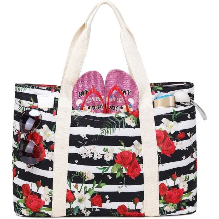 Makukke Sac De Plage XXL Zippé Pour Femme – Grand Cabas Shopper Toile Léger, Idéal Vacances, Festival Ou Quotidien – 55x36x20 Cm