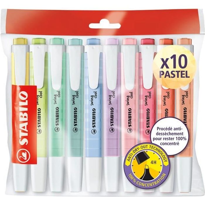 Lot De 3 Surligneurs STABILO Swing Cool Pastel - Pointe Biseautée 1-4 Mm, Bleu Ciel, Encre à Base D'eau, Clip Poche