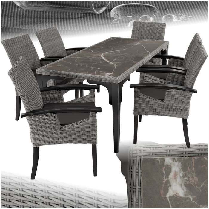 Salon de jardin - TECTAKE - Ensemble détente repas dextérieur FOGGIA 6 places avc accoudoirs table avec plaque amovible - Gris