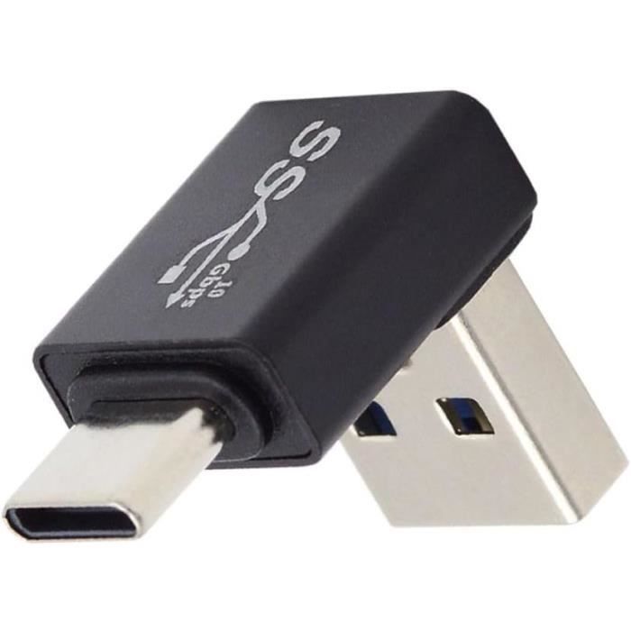 Adaptateur USB-C Femelle Vers USB-A Mâle Coudé à 90° – Transfert Données Et Alimentation 10 Gbit/s