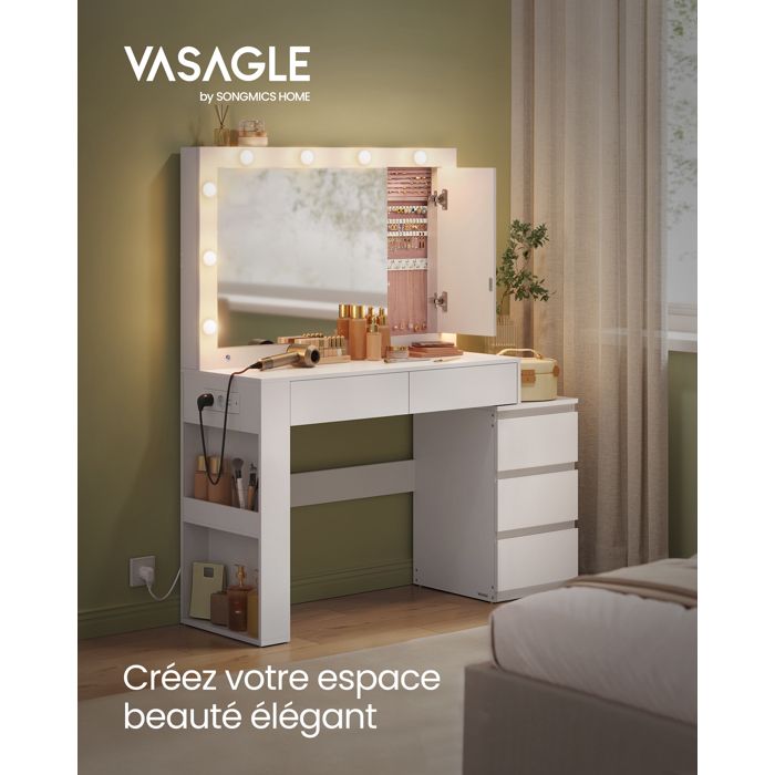 Coiffeuse avec Éclairage LED et Miroir Armoire à Bijoux Multiprise 40 x 125 x 140 cm Conception Moderne Blanc Nuage