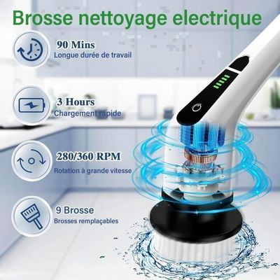 Brosse De Nettoyage Électrique Rotative - 8 Têtes, Manche Télescopique, IPX8, 2500mAh, Parfaite Pour Salle De Bain, Cuisine Et Voiture
