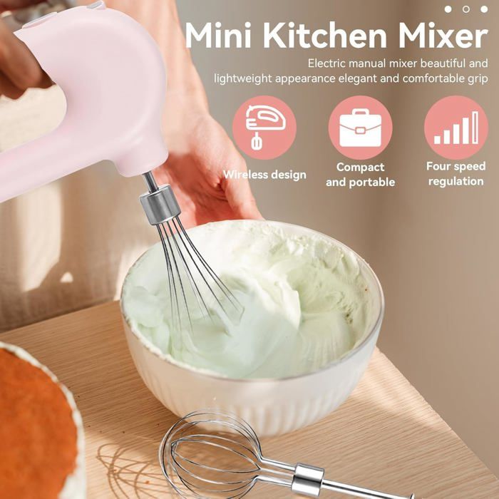 Niceminiwall Batteur Électrique Sans Fil Rechargeable – Portable, Puissant 30W, Rose – Idéal Cuisine Et Pâtisserie