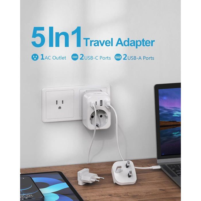 Adaptateur Prise Universel 30W – Voyage Monde Avec 3 USB-C + 2 USB-A, Double Fusible Sécurité, Compatible Europe, UK, US