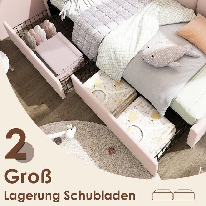 Lit Enfant Rembourré 90x190 Cm Avec Rangement - Tête De Lit Velours Rose, Sommier Levage Hydraulique