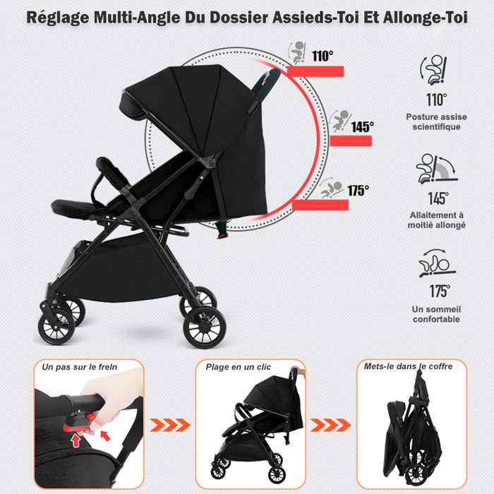 Poussette bebe citadine ultra compacte De 0 a 36 mois Jusqu a 15kg Pliage en un clic Dossier reglable Double Frein Noir Cdiscount Puericulture Eveil bebe