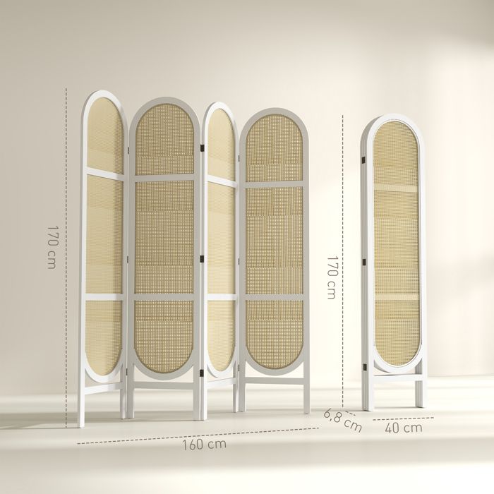 HOMCOM Paravent En Bois 4 Panneaux Pliable - Séparateur De Pièce Intérieur Élégant 160x170 Cm Blanc