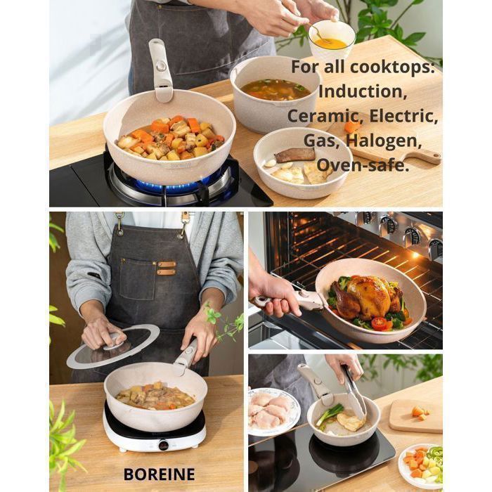 Batterie de cuisine - BOREINE - Poele et Casserole - Tous feux dont induction - Antiadhésif - Poignée Amovible - 7 Pce Marron - Maison Batterie de cuisine - BOREINE - Poele et Casserole - Tous feux dont induction - Antiadhésif - Poignée Amovible - 7 Pce Marron - Maison