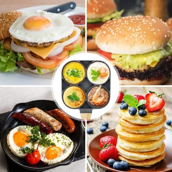 Poêle 4 Compartiments - Pour Pancakes, œufs Au Plat, Hamburgers - Compatible Induction Et Gaz - Revêtement Antiadhésif Pierre De Marbre