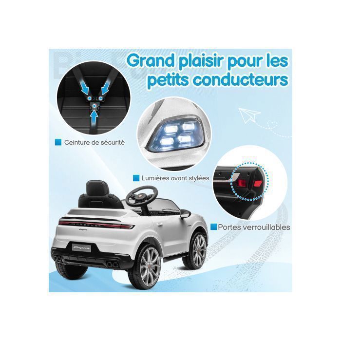 Voiture Electrique pour Enfant 12V, effets sonores et Lumineux, Porsche Cayenne - 103 x 63 x 54 cm Blanc - Jeux - Jouets Voiture Electrique pour Enfant 12V, effets sonores et Lumineux, Porsche Cayenne - 103 x 63 x 54 cm Blanc - Jeux - Jouets