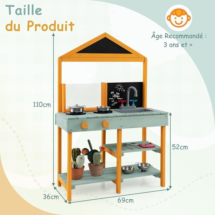 COSTWAY Cuisine d'Extérieur pour Enfants 3 Ans+ en Bois de Sapin avec Tableau Noir, Fours, Évier