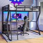 LEYTN Lit mezzanine 90x200cm avec télécommande et bande lumineuse LED, lit enfant avec prise bureau+USB,lit en fer rampe d'escalier ,noir