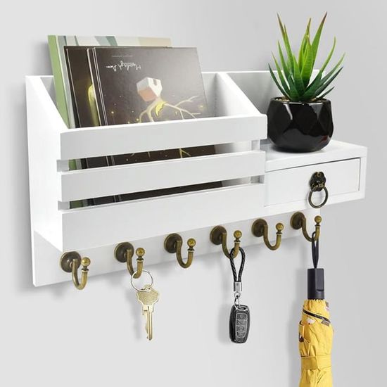 Jemyxhw Porte Clés Mural Avec Étagère Et 5 Crochets - Boîte à Clés Décorative Blanc