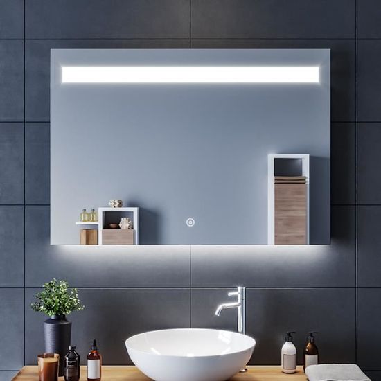 Miroir Salle De Bain éclairé LED Antibuée 80x60 Cm Forme Feuille - Réglable 3 Tons + Luminosité - Verre Grossissant 10x Antidéflagrant - 11