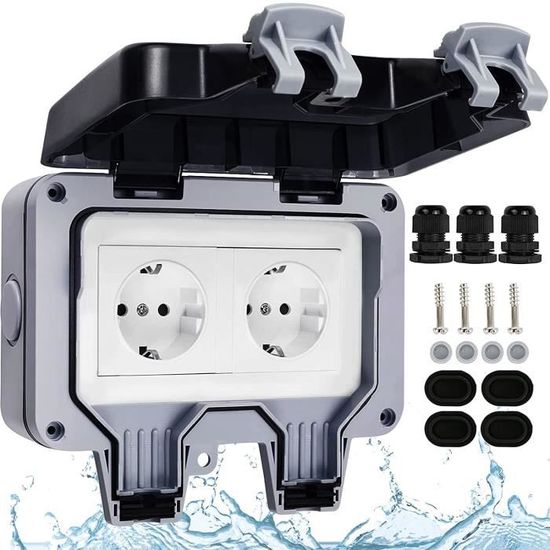 Prise Double Extérieure étanche IP66 - Avec Interrupteur Et Voyant - Pour Jardin, Piscine, Garage