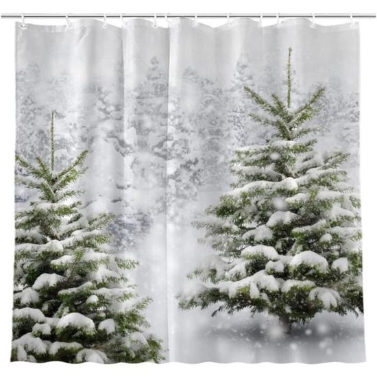 Rideau De Douche Noël - Motif Gnomes, Sapins, Boules - Tissu Polyester 180x200cm, Imperméable Et Anti-moisissure - Livré Avec 12 Crochets