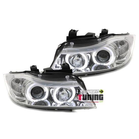 Phares Avant Angel Eyes En U Noir Pour BMW Série 3 E90/E91 Phase 1 (2005-2008) – Éclairage Fibre Optique – Halogène Uniquement