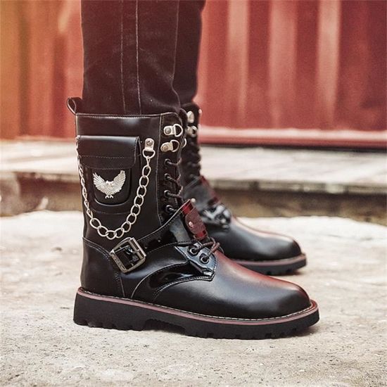 Bottes hautes à la mode pour hommes Bottes d'hiver pour hommes Bottes à lacets à bout rond Noir