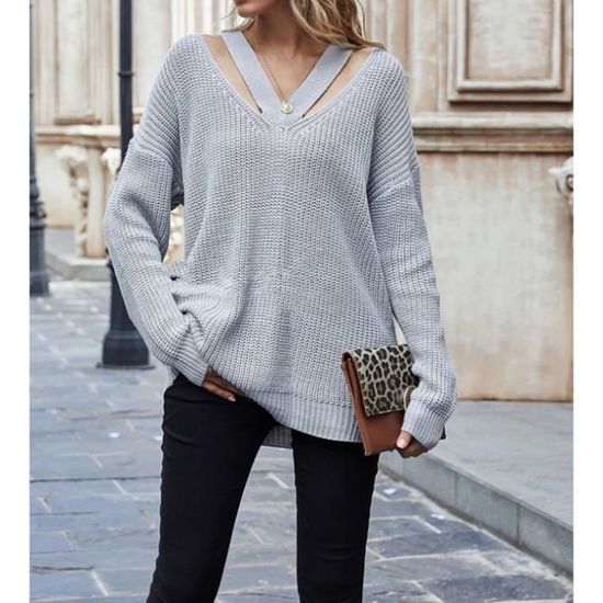 Gros Pull Grosse Maille Femme Oversize Tricot Col V Pullover