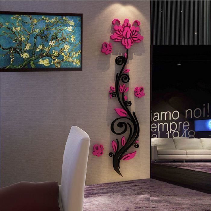 Rose design noire - fuchsia 3D miroir acrylique adhésif (180 x 65 cm) L
