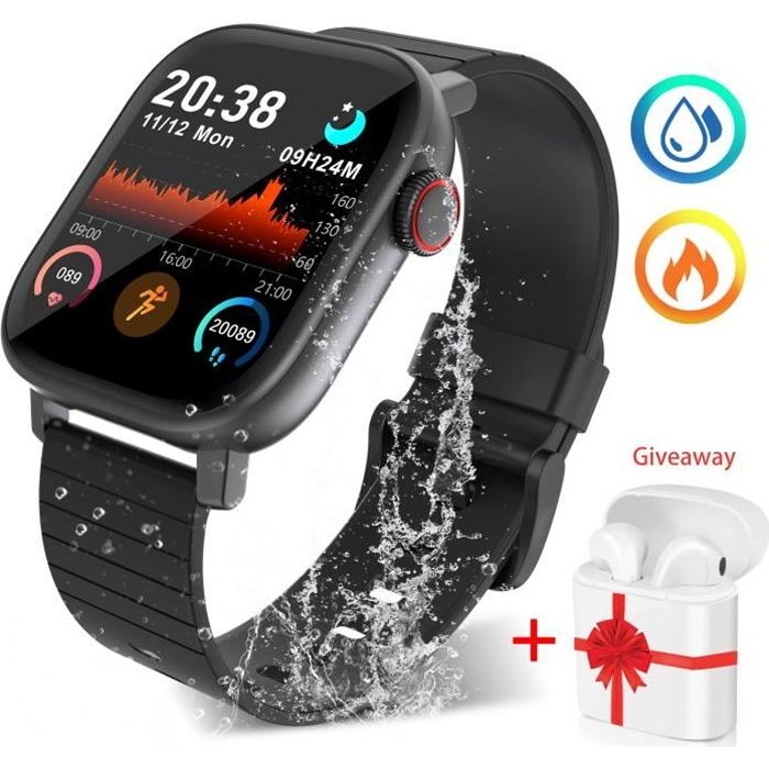 Montre Connectée Femmes Homme Enfant Smartwatch + Sport Casques sans Fil Bluetooth Écouteurs 5.0 Montre Intelligente-M1 Noir